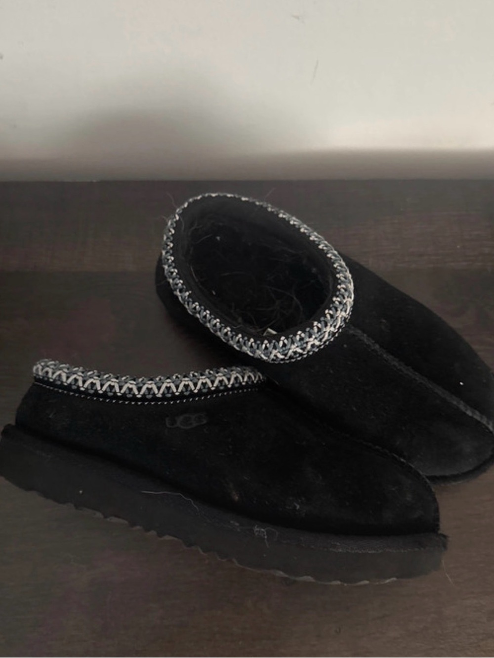 UGG Black Suede Slip-On Loafers with Braided Trim